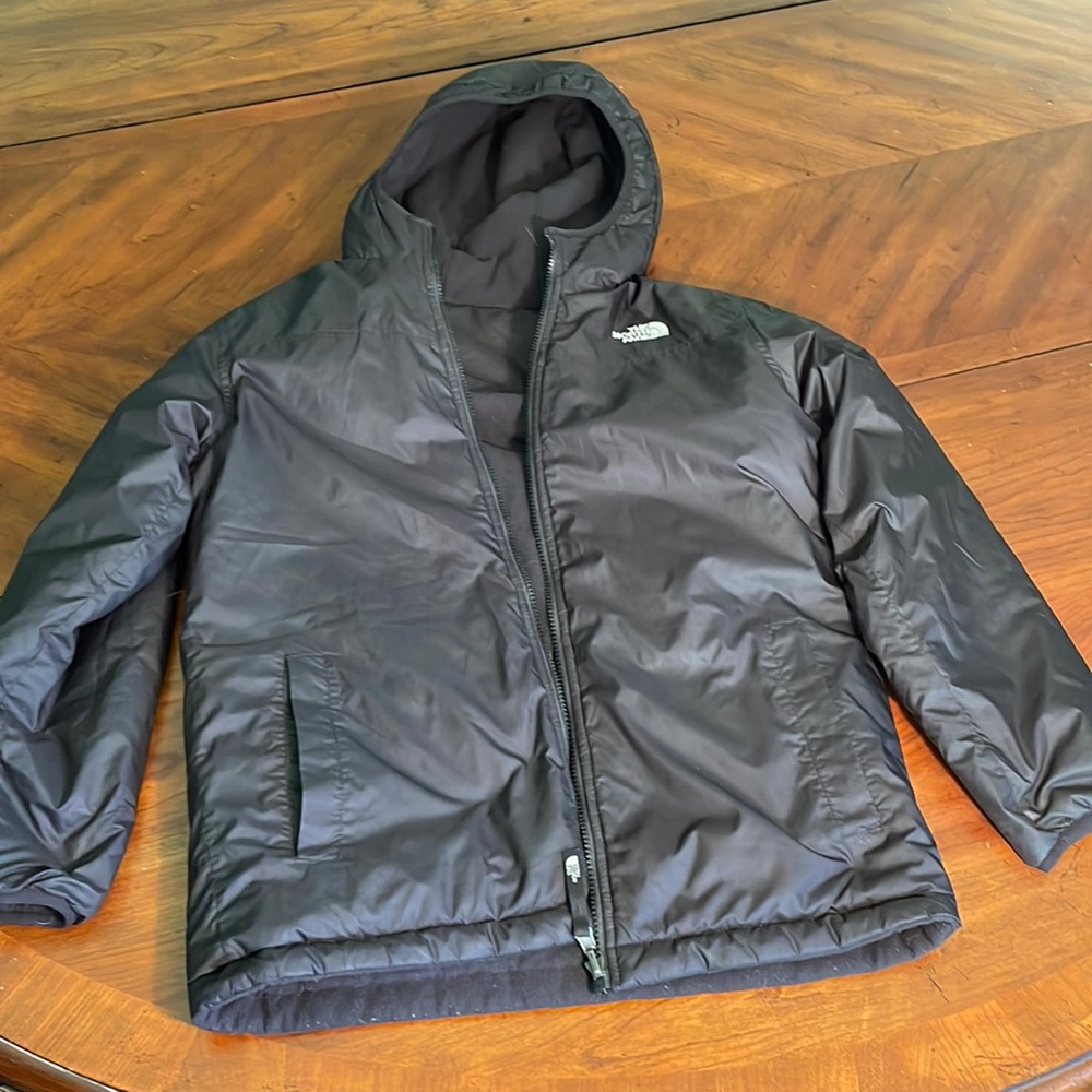 North Face boys size large, reversible, hooded jacket, black